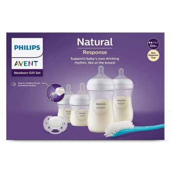 Avent Natural Response Комплект за новородено с 4 шишета за хранене и биберони, залъгалка Ultra Soft и четка за почистване