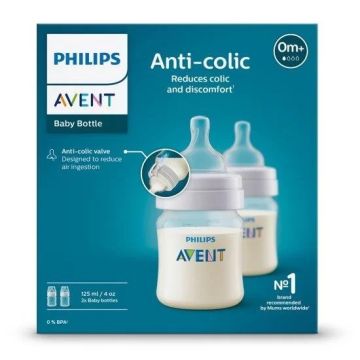 Avent Anti-Colic Комплект от 2 броя шишета за хранене с биберон за бебета на възраст 0м+ x125мл, сила на потока 1