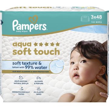 Pampers Aqua Soft Touch Бебешки мокри кърпички 3x48 броя