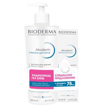 Bioderma Промо комплект Atoderm Интензивен, облекчаващ сърбежа и възстановяващ гел-крем за много суха, раздразнена и атопична кожа x500 мл + 75 мл