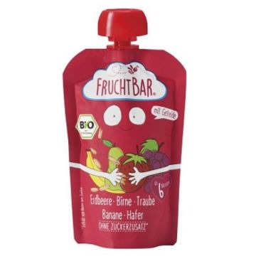 FruchtBar Био пюре от ягода, круша, грозде, банан и овес за деца от 6 месечна възраст х100 грама