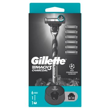 Gillette Mach3 Charcoal Самобръсначка за мъже с 6 резервни ножчета + стойка