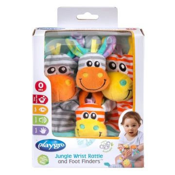 PlayGro Комплект Гривни-дрънкалки и чорапки Джунгла със забавни образи на жираф и зебра, 0+ месеца