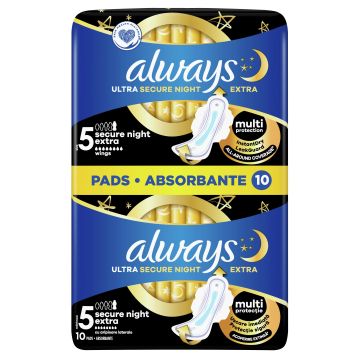 Always Ultra Secure Night Extra Дамски нощни превръзки x10 броя