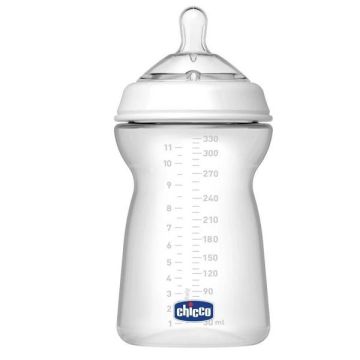 Chicco Natural Feeling Шише за хранене със силиконов биберон с три капки за деца над 6 месеца x330 мл
