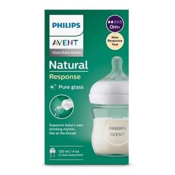 Avent Natural Response Стъклено шише за хранене с биберон без протичане за новородени бебета x120 мл, сила на потока 2
