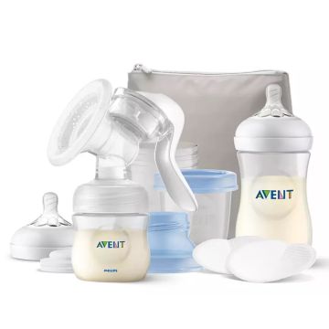 Avent Комплект Ръчна помпа за изцеждане на кърма Natural Motion с контейнери VIA, шишета за хранене Natural и несесер SCF430/16