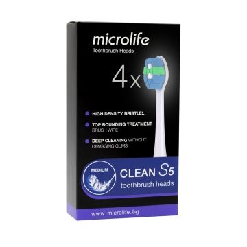 Microlife Clean S5 Накрайник за електрическа четка за зъби х4 броя, Medium White