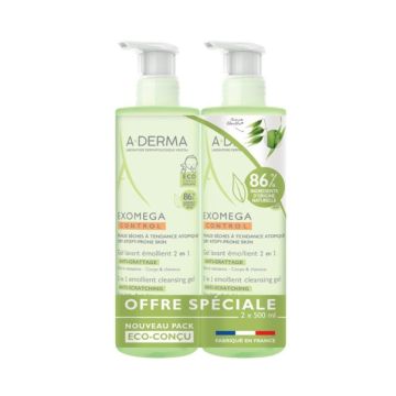 A-Derma Exomega Control Емолиентен почистващ гел 2 в 1 за бебета и деца 2x500 мл