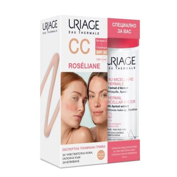 Uriage Промо комплект Roseliane СС Хидратиращ защитен крем за корекция на тена SPF50, светъл нюанс и Термална мицеларна вода за лице за чувствителна кожа склонна към зачервяване