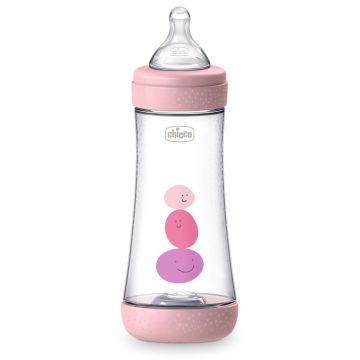 Chicco Perfect 5 Шише за хранене със силиконов биберон за деца над 4 месеца x300 мл, цвят розов