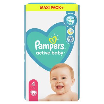 Pampers Active Baby 4 Maxi Pack+ Пелени за деца от 9 до 14 килограма x62 броя