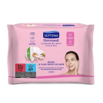 Septona Dermasoft Мокри кърпички за почистване на лице и очи с орхидея и колаген x20 броя