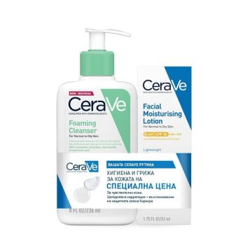 CeraVe Комплект за лице Измиващ гел-пяна за нормална до мазна кожа и  Хидратиращ крем за лице за нормална и суха кожа SPF50