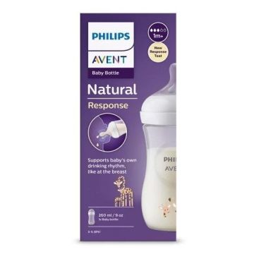 Avent Natural Response Шише за хранене с биберон без протичане за деца над 1 месец x260 мл, сила на потока 3, Жирафи