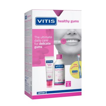 Vitis Healthy Gums Комплект за грижа за венците Вода за уста, паста и четка за зъби Dentaid