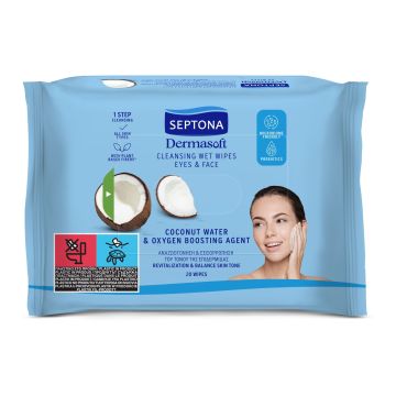 Septona Dermasoft Мокри кърпички за почистване на лице и очи с кокосова вода x20 броя