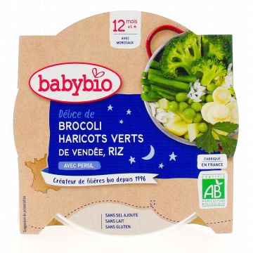 Babybio Био меню ''Лека нощ" - с броколи, зелен фасул, пашърнак и ориз за деца над 12 месеца x230 грама