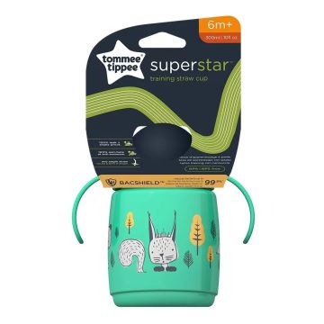 Tommee Tippee SuperStar Тренировъчна неразливаща се чаша със сламка и с дръжки 6м+ x300 мл, зелена
