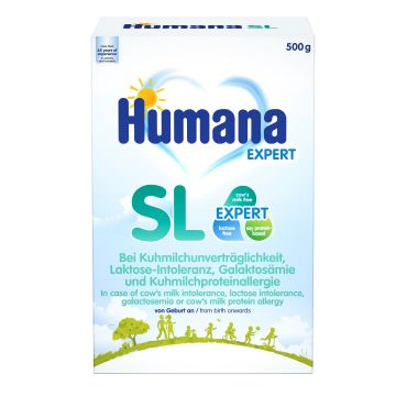 Humana SL Expert Храна за специални медицински цели за хранене на бебета с непоносимост към краве мляко, включително лактозна непоносимост, галактоземия или алергия към протеини на кравето мляко x500 грама