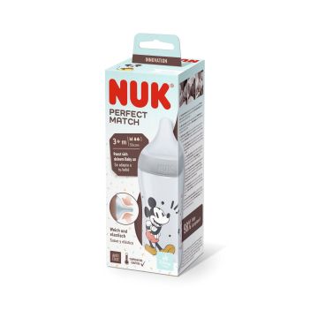 Nuk Perfect Match Temperature Control Шише за хранене със силоконов биберон над 3 месеца х260 мл, размер M, сиво Mickey