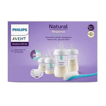 Avent Natural Response AirFree Комплект за новородено с 4 шишета за хранене и биберони, залъгалка Ultra Soft и четка за почистване