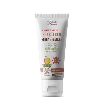 Wooden Spoon Sweet Mango Био слънцезащитен лосион за лице и тяло за цялото семейство SPF50 х100 мл