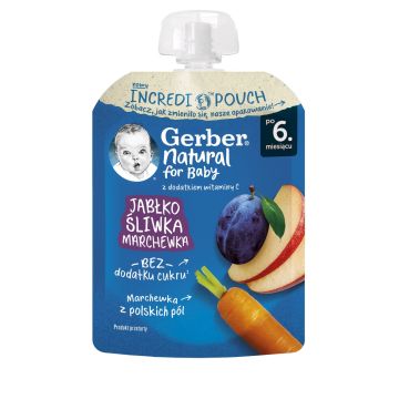 Gerber Плодова закуска с ябълка, слива и морков за деца от 6-ия месец x80 грама