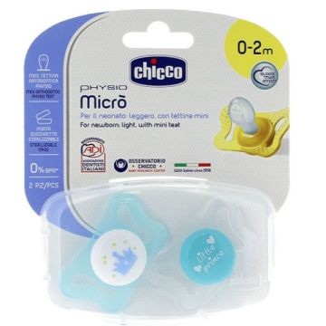 Chicco Physio Micro Залъгалка силикон за деца от 0 до 2 месеца x2 броя, цвят син
