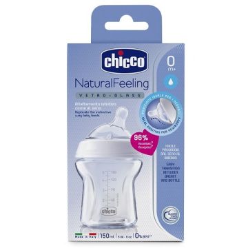Chicco Natural Feeling Стъклено шише за хранене със силиконов биберон с една капка за деца над 0 месеца x150 мл