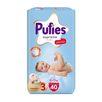 Pufies Supreme Pants 3 Бебешки пелени тип гащички за деца с тегло от 6 до 11 киограма х40 броя