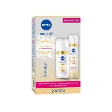 Nivea Cellular Luminous 630 Промо комплект Дневен флуид за лице за тройна защита SPF50 и Активен серум за третиране на пигментни петна