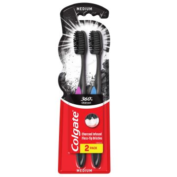 Colgate 360 Charcoal Четка за зъби x2 броя, Medium