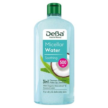 DeBa Natural Beauty Успокояваща мицеларна вода за лице с екстракт от алое и кокосова вода за суха и чувствителна кожа x500 мл