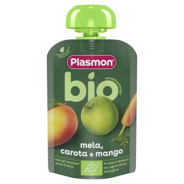 Plasmon Bio Плодова закуска ябълка, морков и манго за деца от 6-ия месец x100 грама