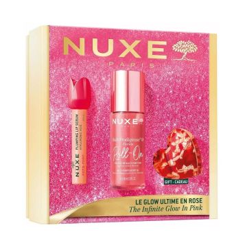 Nuxe The Infinity Glow In Pink Комплект мултифункционално сухо рол-он масло за лице, тяло и коса и уплътняващ серум за устни с хиалуронова киселина