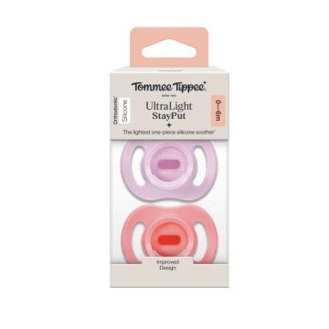 Tommee Tippee Ultra Light Stay Put Ортодонтични залъгалки от 0 до 6 месеца х2 броя, розова и лилава