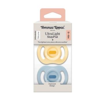 Tommee Tippee Ultra Light Stay Put Ортодонтични залъгалки от 0 до 6 месеца х2 броя, жълта и синя