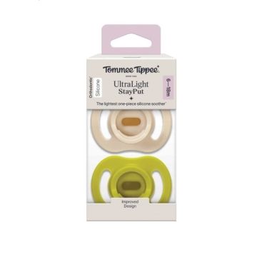 Tommee Tippee Ultra Light Stay Put Ортодонтични залъгалки от 6 до 18 месеца х2 броя, зелена и кремава