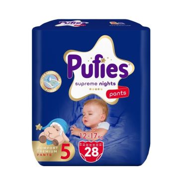 Pufies Supreme Nights Бебешки пелени тип гащички за деца с тегло от 12 до 17 киограма х28 броя
