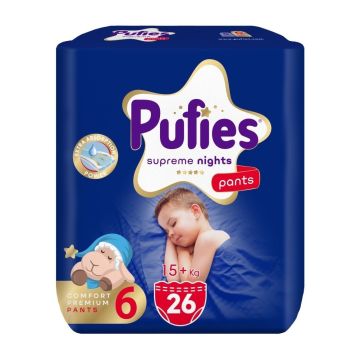 Pufies Supreme Nights Бебешки пелени тип гащички за деца с тегло над 15 килограма х26 броя