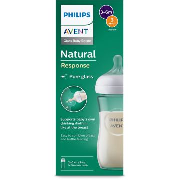 Avent Natural Response Стъклено шише за хранене с биберон без протичане 3-6м x240 мл, Поток 3