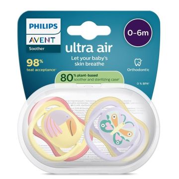 Avent Ultra Air Ортодонтична залъгалка силикон за деца от 0 до 6 месеца x2 броя, пеперуда/птица