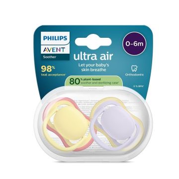 Avent Ultra Air Ортодонтична залъгалка силикон за деца от 0 до 6 месеца x2 броя, жълт/лилав