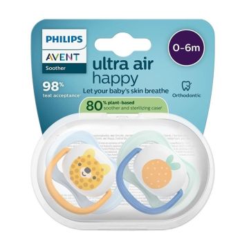Avent Ultra Air Happy Ортодонтична залъгалка силикон за деца от 0 до 6 месеца x2 броя, лъв/плод