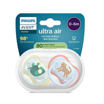 Avent Ultra Air Ортодонтична залъгалка силикон за деца от 0 до 6 месеца x2 броя, гъсеница/тигър