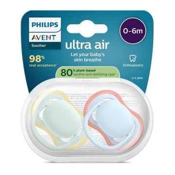 Avent Ultra Air Ортодонтична залъгалка силикон за деца от 0 до 6 месеца, х2 броя зелена/синя