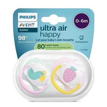 Avent Ultra Air Happy Ортодонтична залъгалка силикон за деца от 0 до 6 месеца x2 броя, птица/ягода