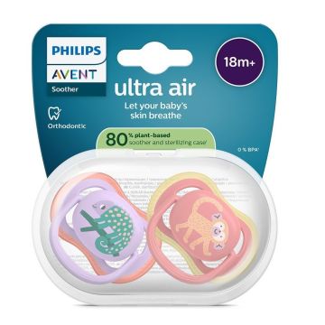 Avent Ultra Air Ортодонтична залъгалка силикон за деца над 18 месеца x2 броя, хамелеон/маймуна