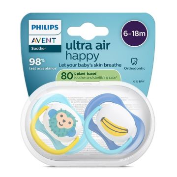 Avent Ultra Air Ортодонтична залъгалка силикон за деца от 6 до 18 месеца x2 броя, маймуна/банан